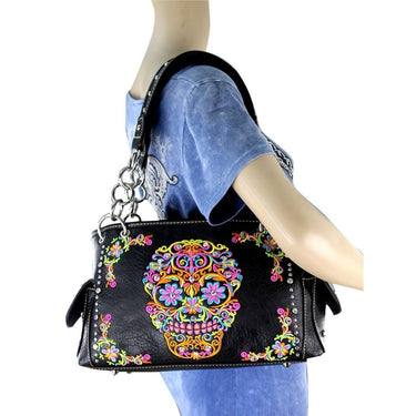 Montana West Handgun Purses Montana West® Sugar Skull Concealed Carry Shoulder Strap Purse BLACK